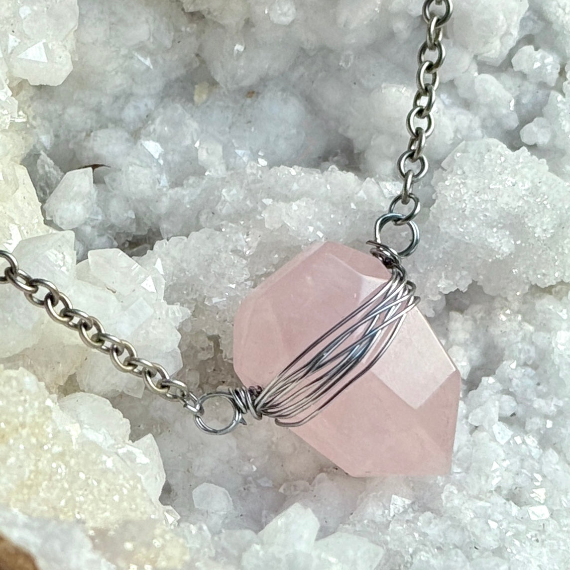 Rose Quartz Shield Pendant - GunMetal