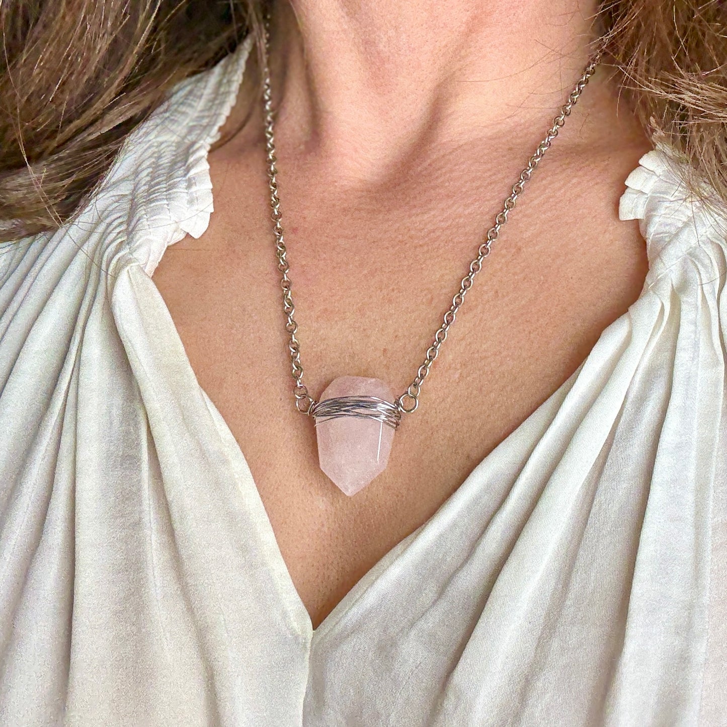 Rose Quartz Shield Pendant - GunMetal