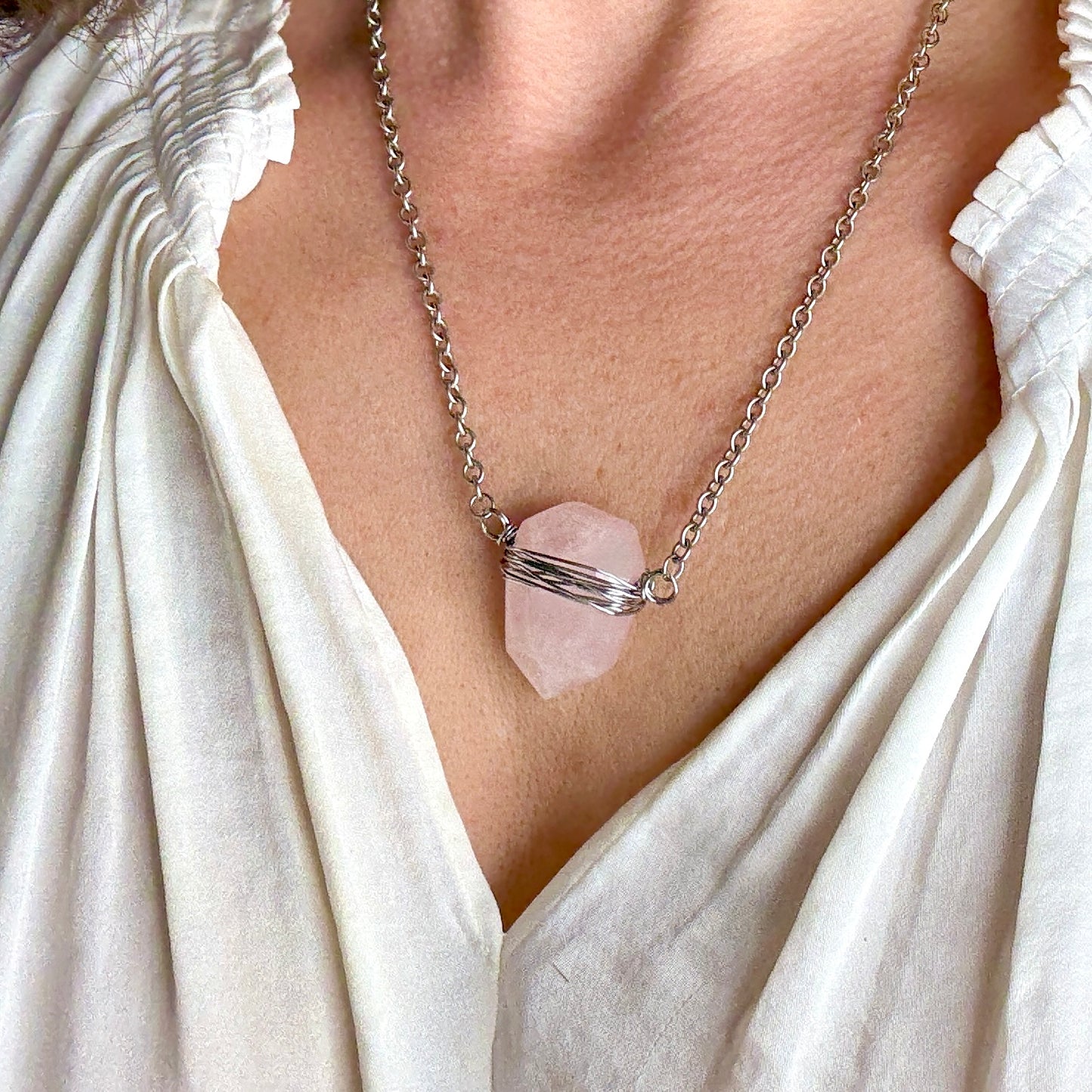 Rose Quartz Shield Pendant - GunMetal