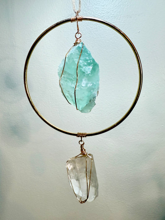 Green Fluorite & Clear Quartz Gemstone Hanging