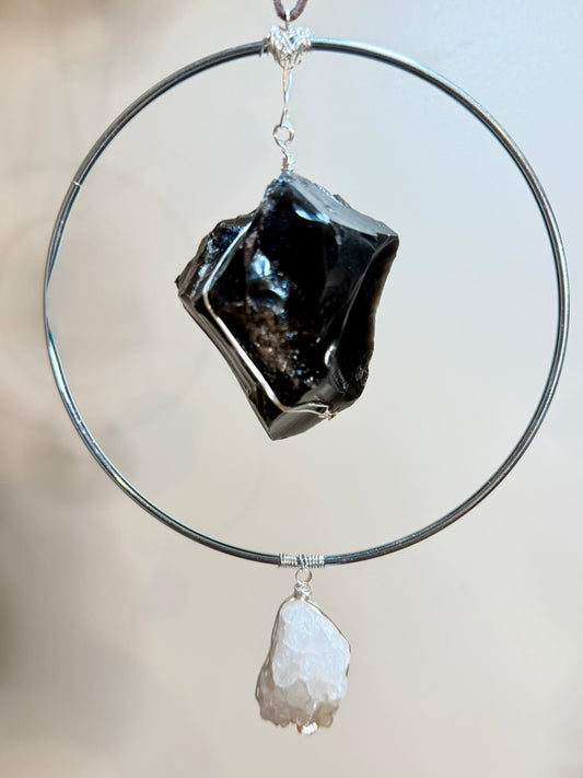 Silver Obsidian & Druzy Quartz Gemstone Hanging